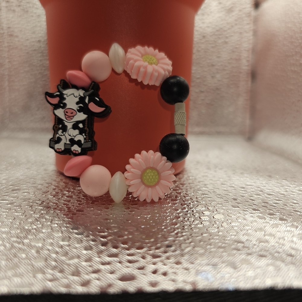 Silicone Tumbler Charms Moo Cow With Pink Flowers, White & Black Beads